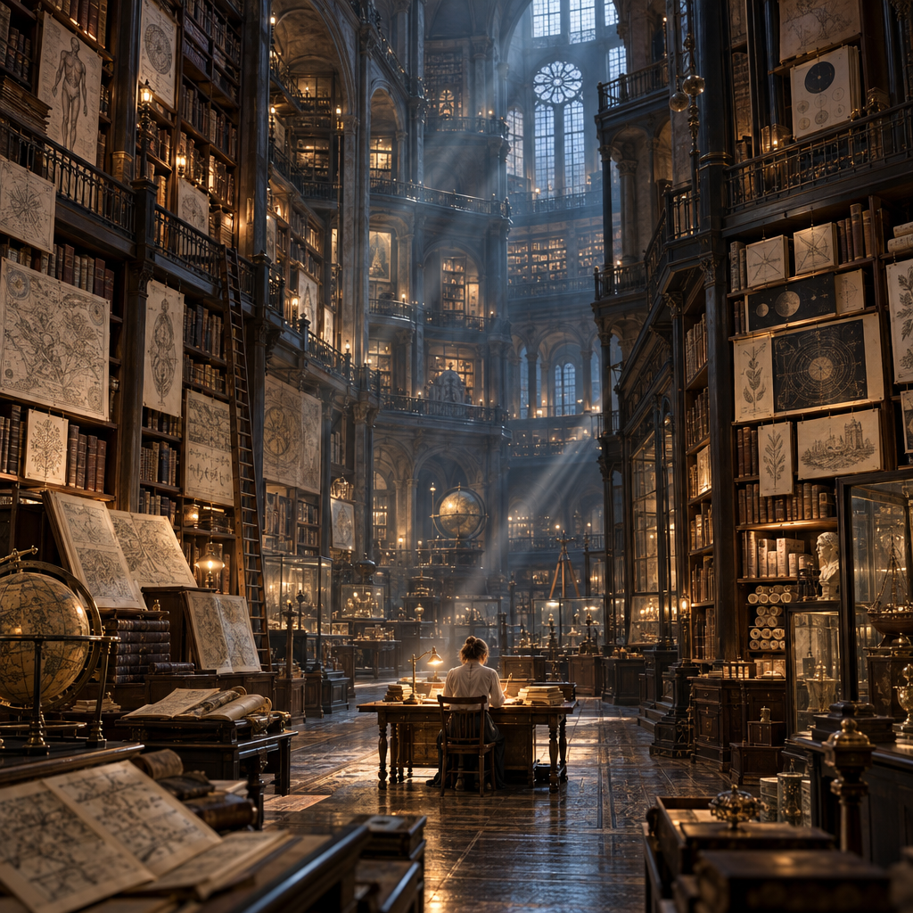 A small person sits at a plain table inside a monumental archive while reflected light, illuminated page edges, dust paths, and architectural sightlines converge from distant shelves toward the tabletop.