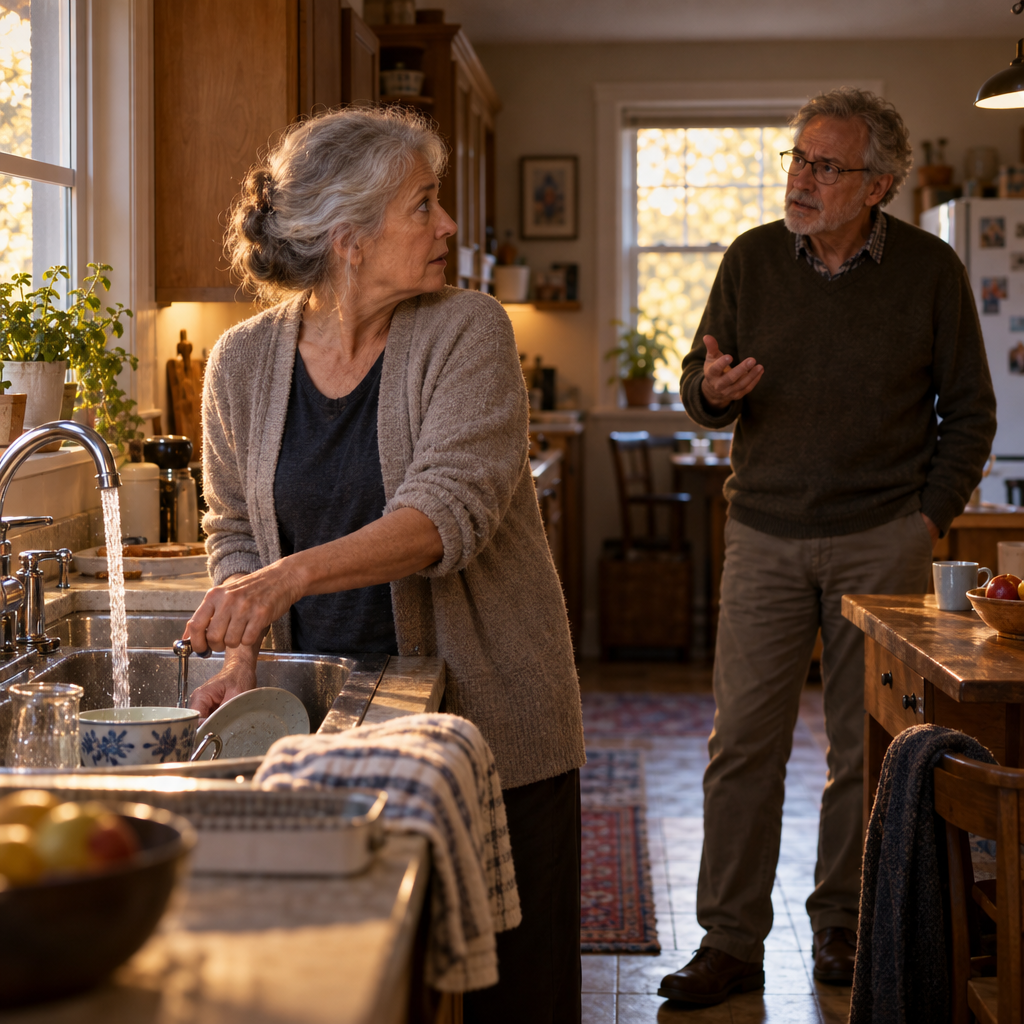 An older adult turns off a running kitchen tap and looks toward a partner speaking from across the room, both faces attentive but uncertain rather than angry.