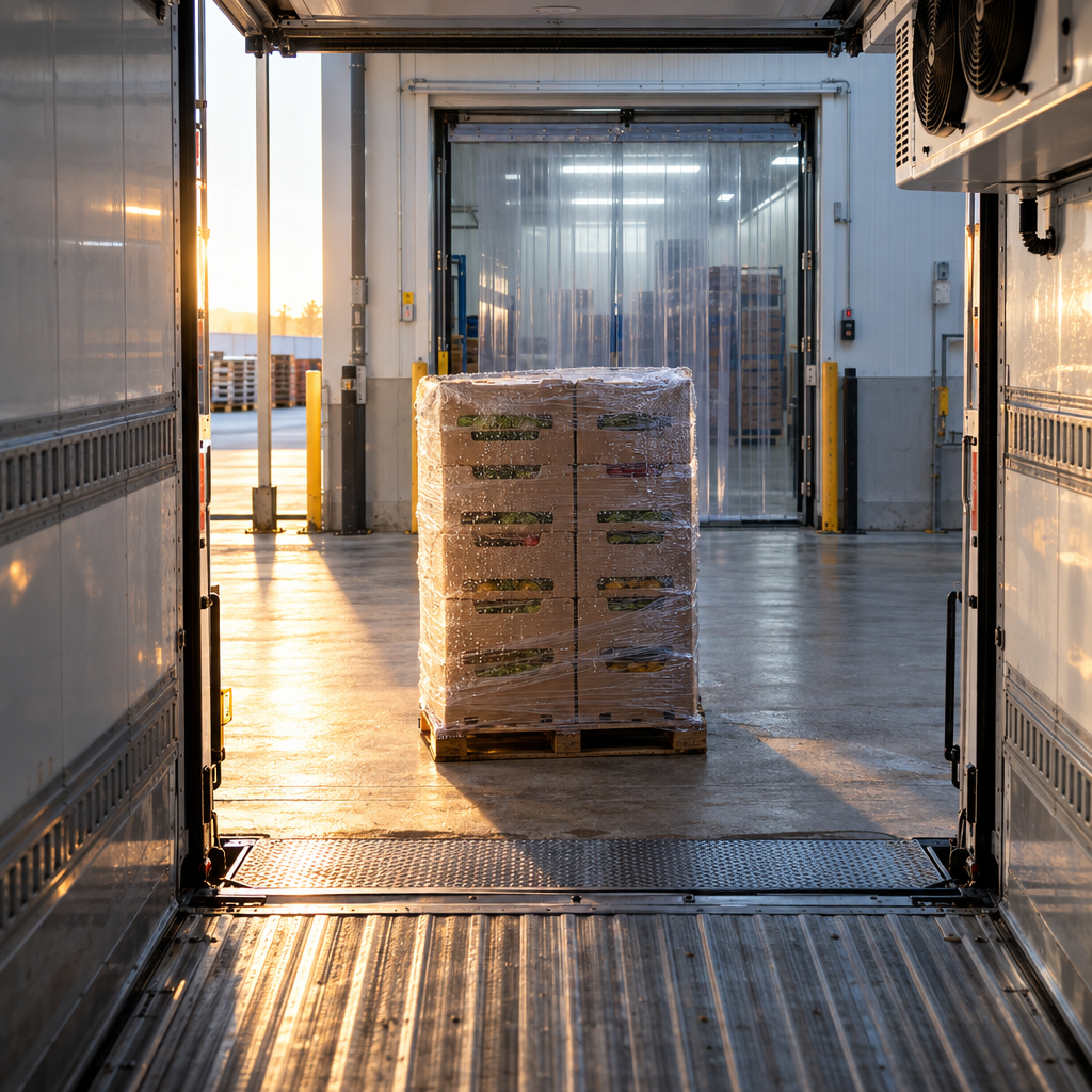 A shrink-wrapped pallet of produce waits in a warm loading bay only a few metres between a refrigerated storeroom and an open refrigerated trailer, with condensation beading on the plastic.