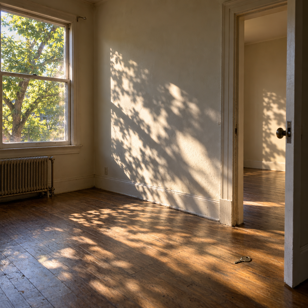 Conceptual view from inside a recently vacated apartment, where leafy tree shade crosses a bare wall and floor beside an uncurtained window.