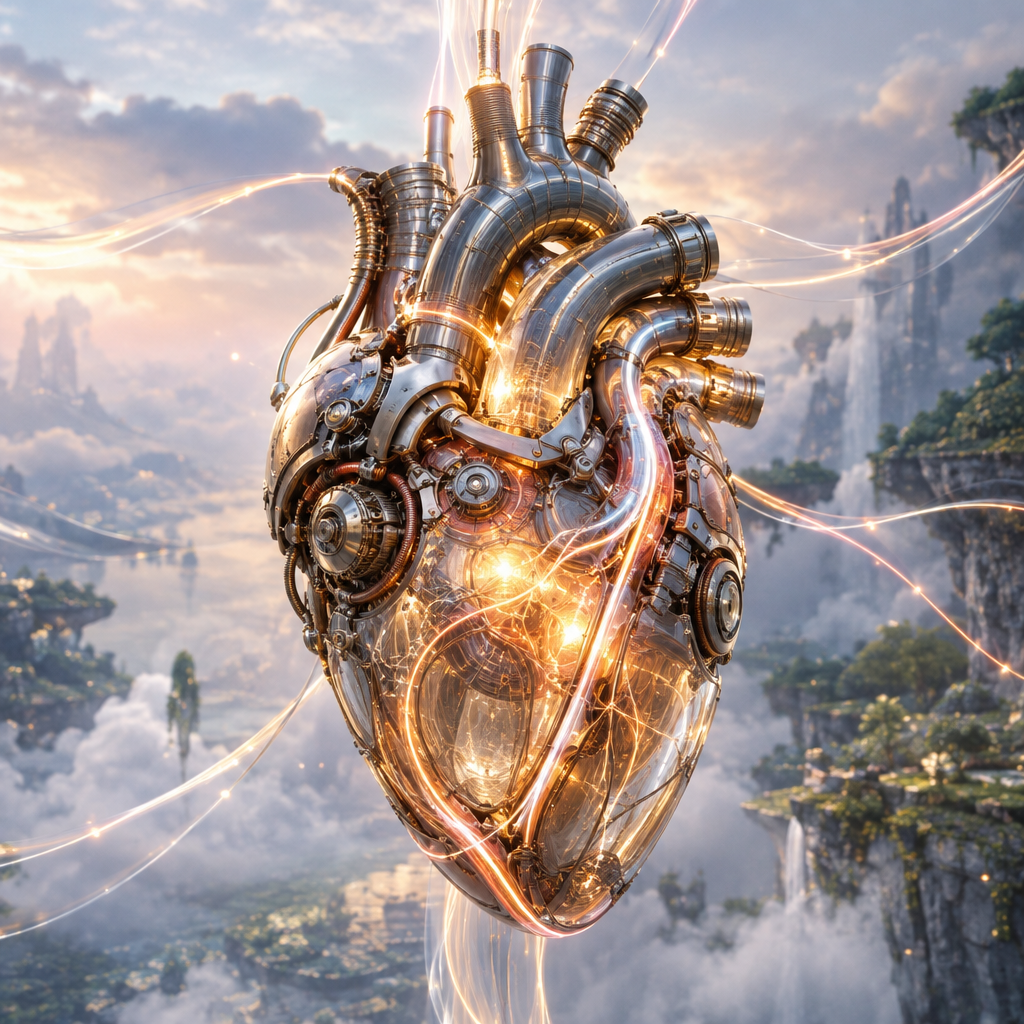 An intricate mechanical heart suspended in an ethereal landscape, glowing softly from within. Its components are visibly interconnected, with streams of light flowing through its structure, symbolizing the blend of machine precision and human intention.