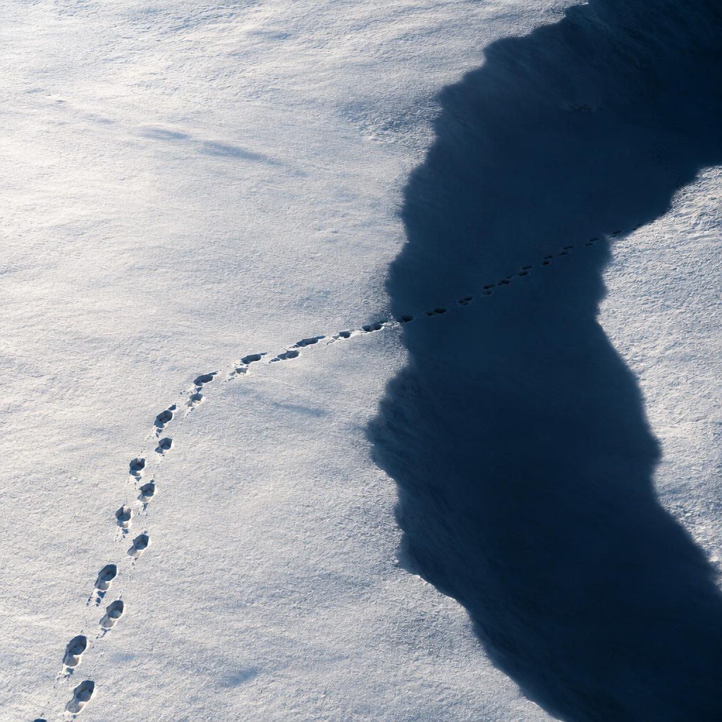 Footprints in the snow reveal flattened ground beneath a shadow that looks like a chasm.