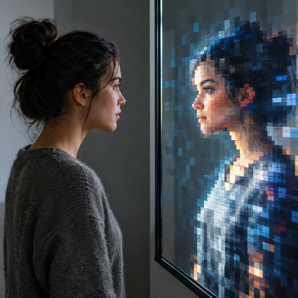 A person facing a digital reflection with pixelated distortions, illustrating the tension between real and curated selves.