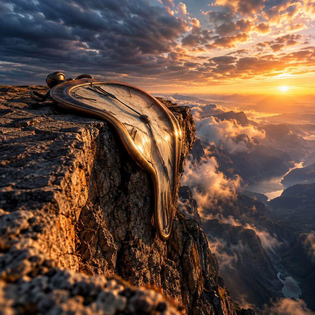A surreal scene with a distorted clock melting over a jagged cliff edge, with elongated shadows stretching into a dramatic sunset sky.