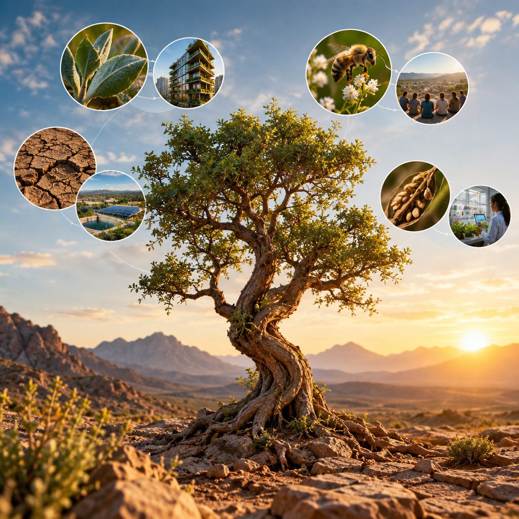 A tree growing resiliently through harsh desert conditions, symbolizing adaptability.