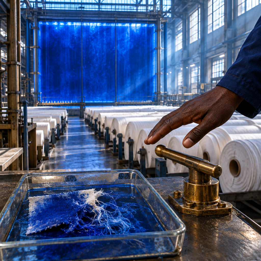 In an old textile mill, a small glass test tray holds a cobalt-soaked swatch whose delicate fibers have dissolved into loose threads. A mature worker’s deep-brown hand pauses above a brass release lever, while hundreds of intact white fabric rolls wait beneath an immense vertical wall of blue dye held behind a transparent gate.