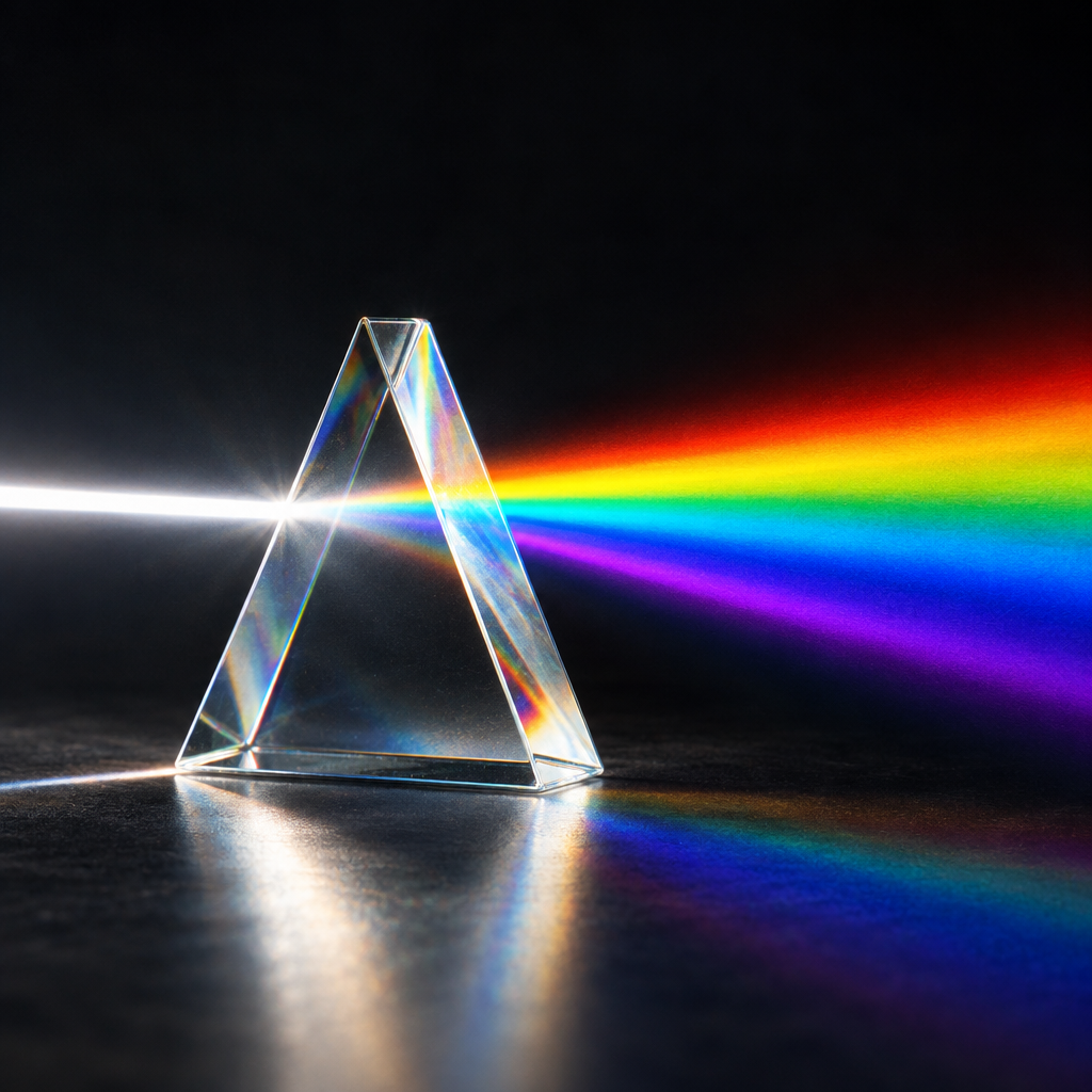 A prism refracting light into vibrant colors against a dark background.