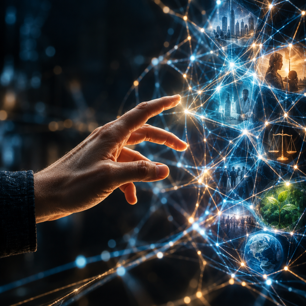 A human hand reaching towards a network of glowing digital threads on a dark backdrop, symbolizing the tension between technology and ethics.