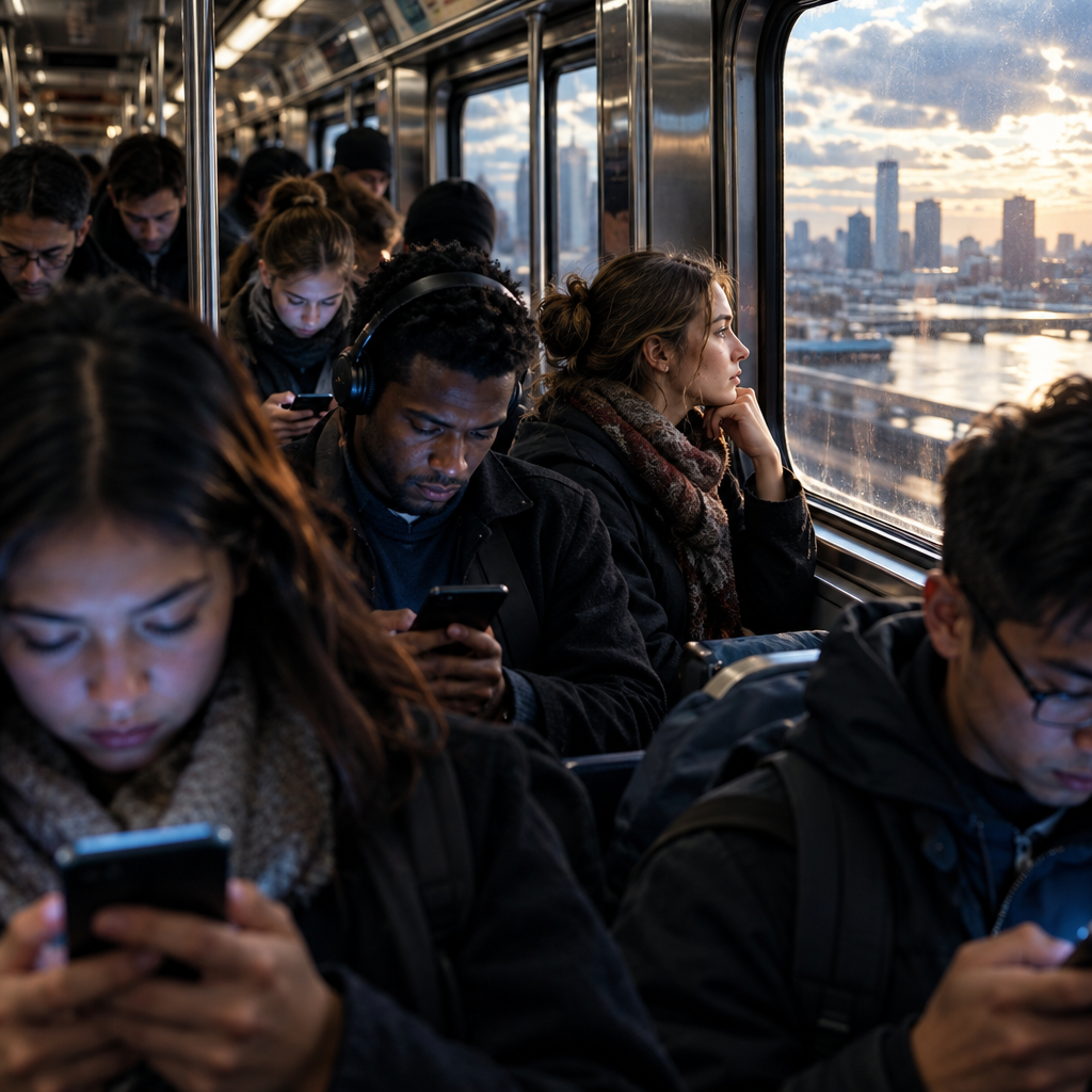 A commuter train with passengers absorbed in their phones, one person staring thoughtfully out the window.