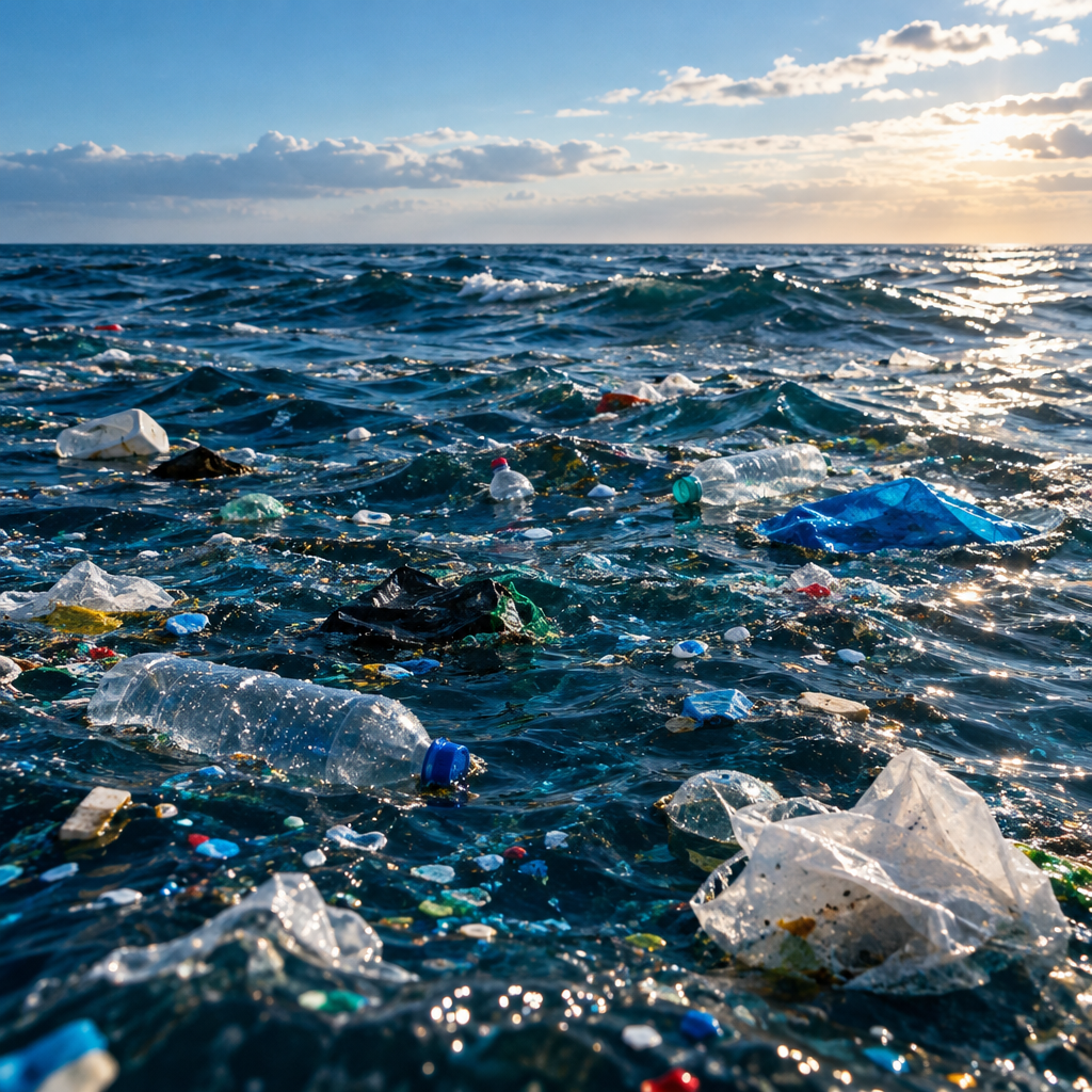 Ocean scene with waves and plastic debris floating on the surface