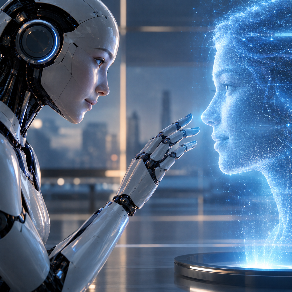 A humanoid robot gently interacting with a holographic human face, symbolizing empathy in AI.