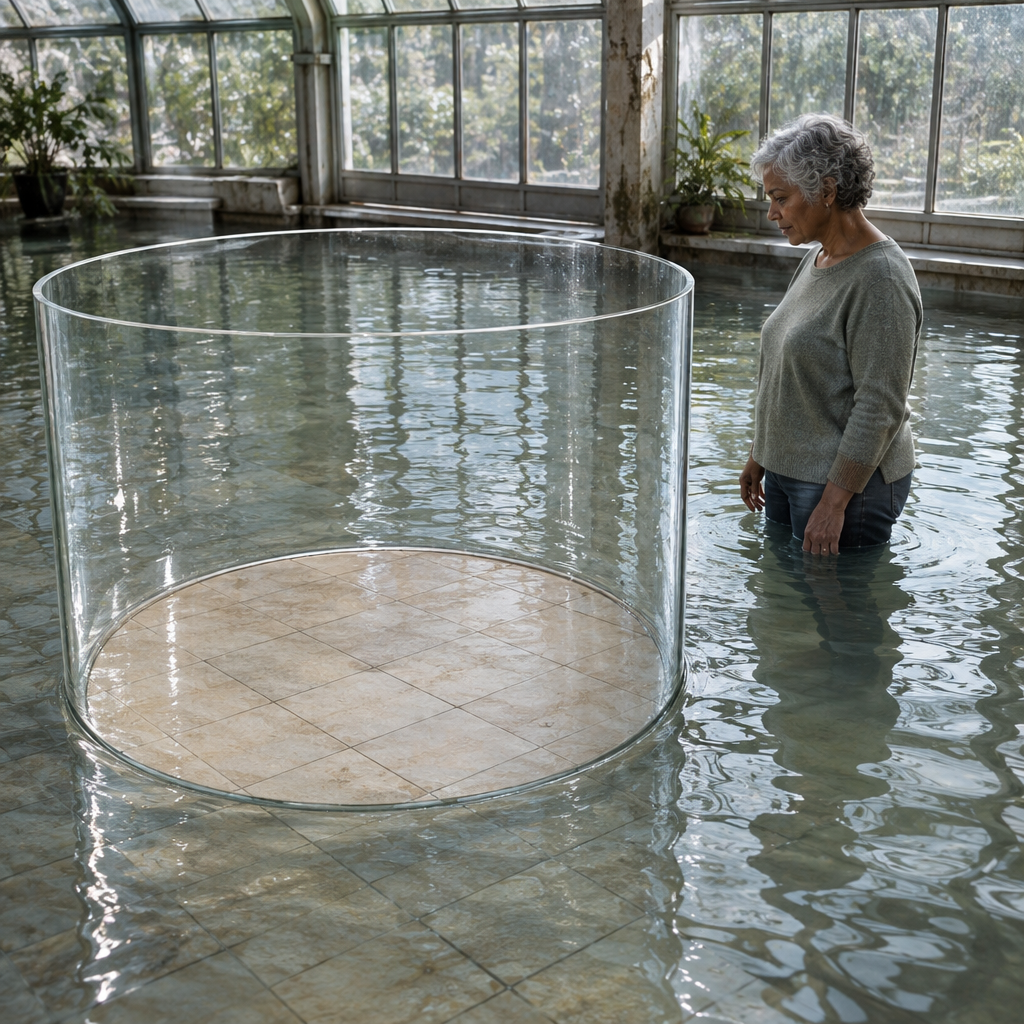 An older woman stands thigh-deep in water in a flooded glass-roofed room. Beside her, a transparent circular enclosure holds only a dry, empty patch of the same tiled floor.