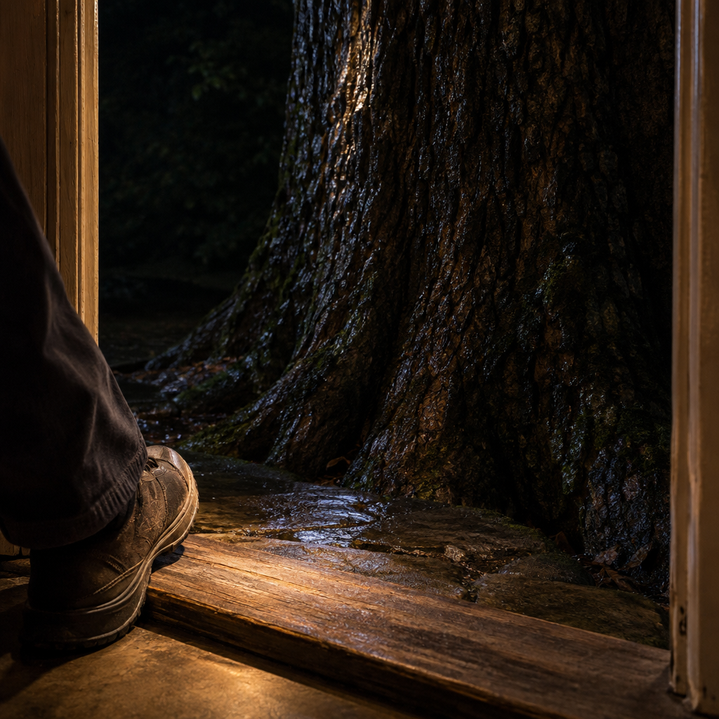 Seen from floor level inside an open doorway, a worn shoe crosses a softly lit sill. An enormous tree trunk stands just outside beside the step, its wet bark barely catching the light while most of it remains dark.