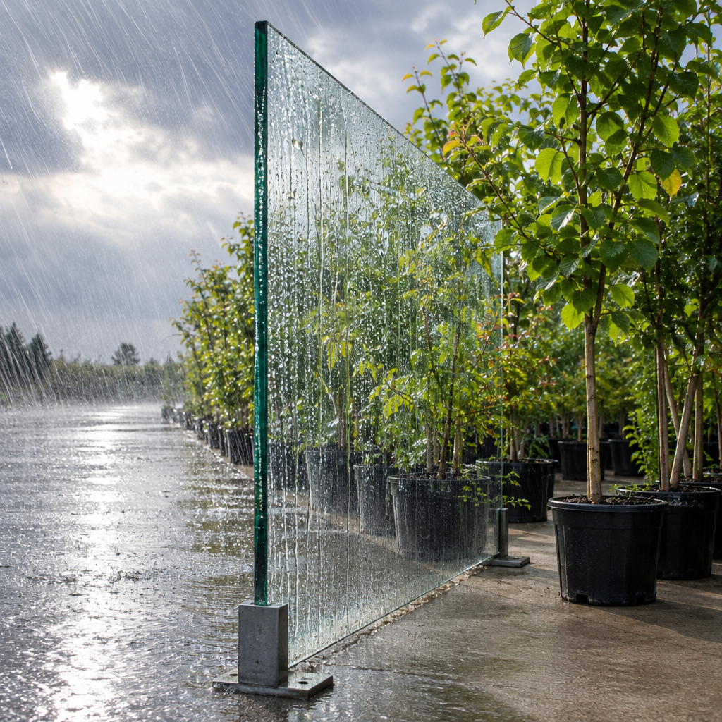 Wind-driven rain strikes a freestanding glass screen in an outdoor nursery. Behind it, young trees in closely packed pots fill a sheltered patch of dry ground.