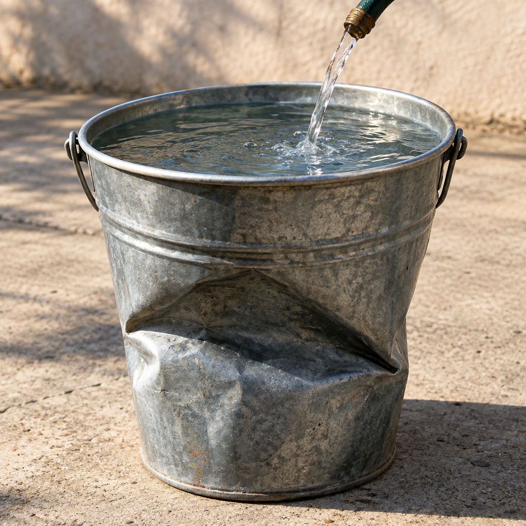 A galvanized metal bucket stands on dry concrete, its sides deeply crushed inward beneath an intact round rim. A thin stream of water enters the remaining space, already filled almost to the top.