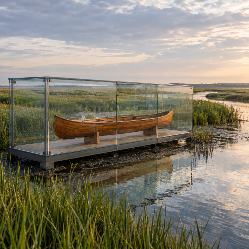 An intact wooden canoe rests on low supports inside a clear glass enclosure. Outside the glass, shallow tidal water flows among living reeds; the enclosure’s interior remains dry.