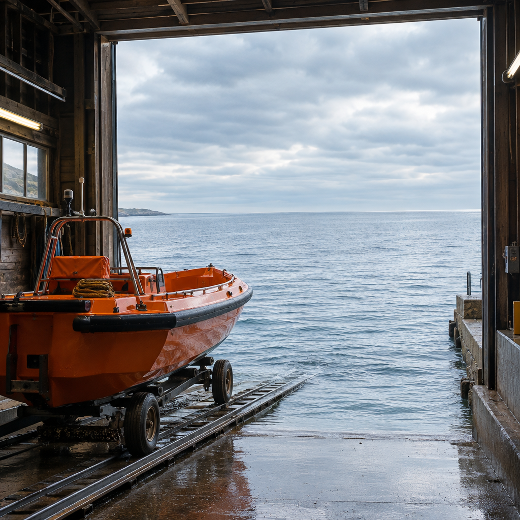 An orange rescue boat rests on a launch cradle inside a cavernous, weathered boathouse. Rails descend beneath its bow into sheltered seawater, while the open doorway frames a vast silver sea.