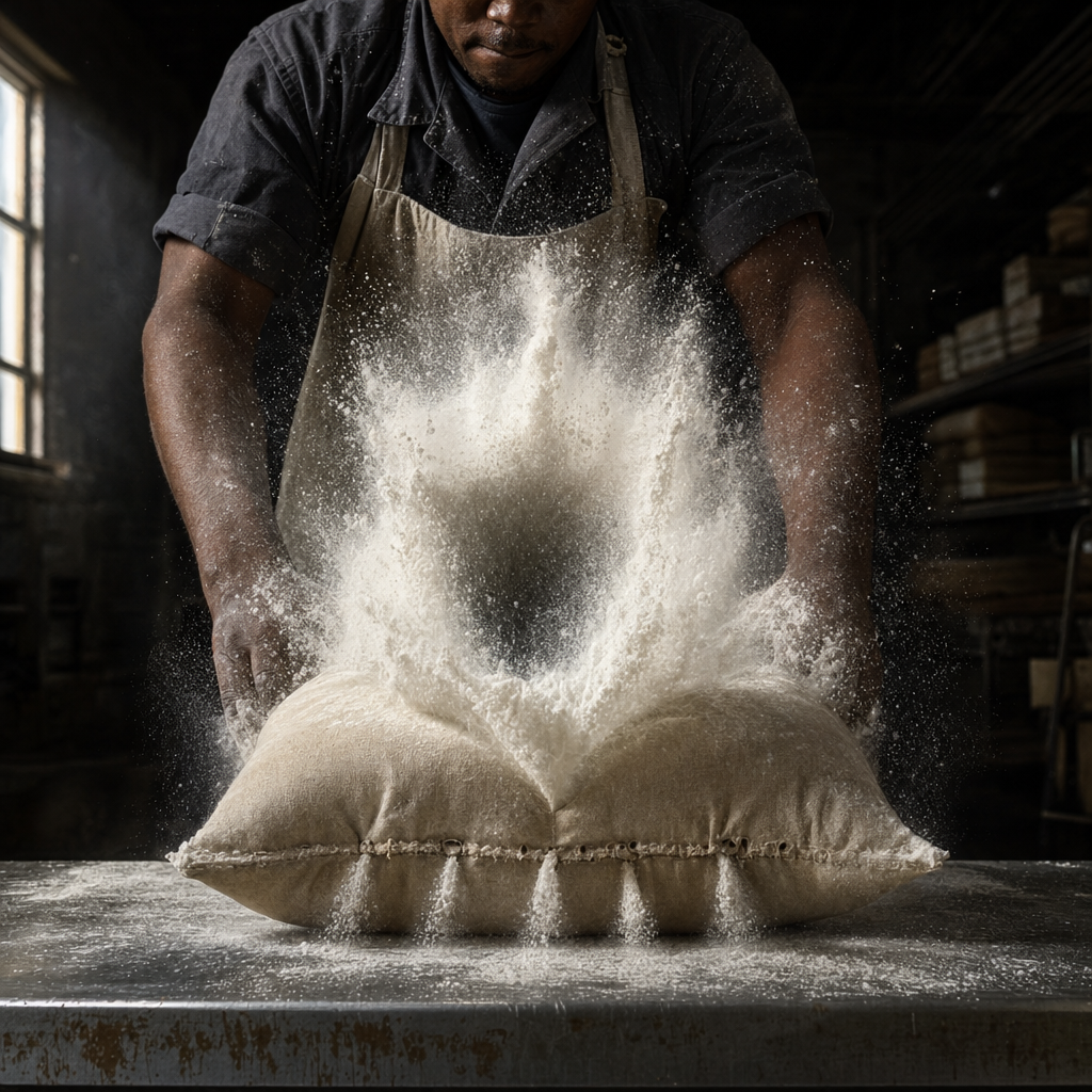A bakery worker drops a heavy canvas flour sack onto a steel table as white powder erupts from its seams in a bright, hollow plume against the dark room.