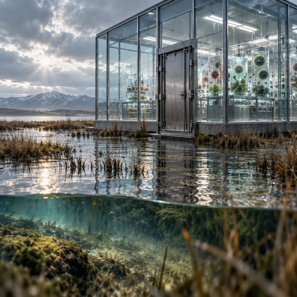 A sealed glass laboratory rises directly from a marsh while wetland water passes beneath its transparent perimeter and illuminated culture vessels fill the interior.
