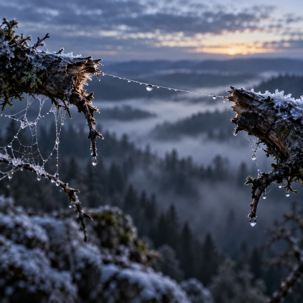 A single dew-strung spider-silk filament remains stretched between two frost-covered broken branches above a misty mountain forest.